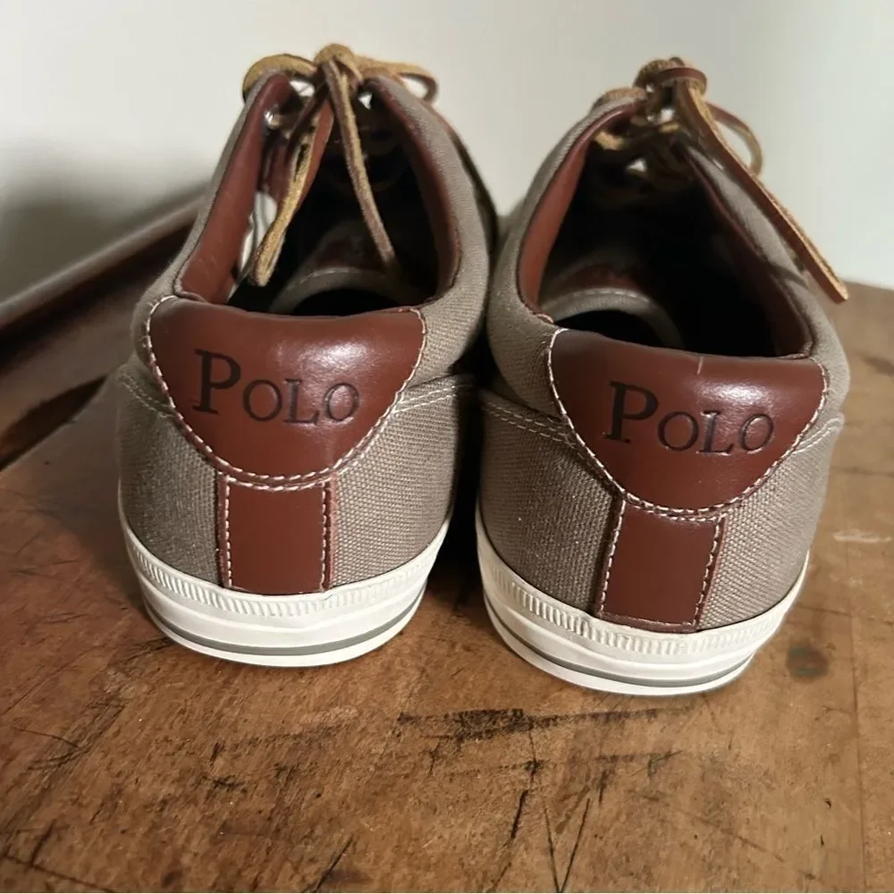 Polo Ralph Lauren Brown Leather Gray Canvas Shoes Men's 11 Good preworn conditio
